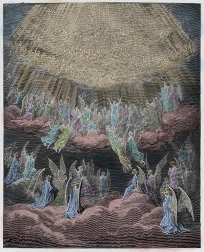 Paradiso, Gesang 27: Das himmlische Heer singt Gloria In Excelsis Deo, Illustration aus Die Göttliche Komödie von Dante Alighieri, 1885 (digital kolorierte Gravur) von Gustave after Dore